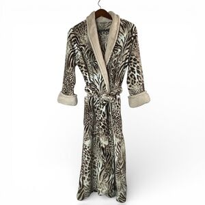 NATORI Plush Leopard Cheetah Zebra Cozy Robe in Beige Brown Size M